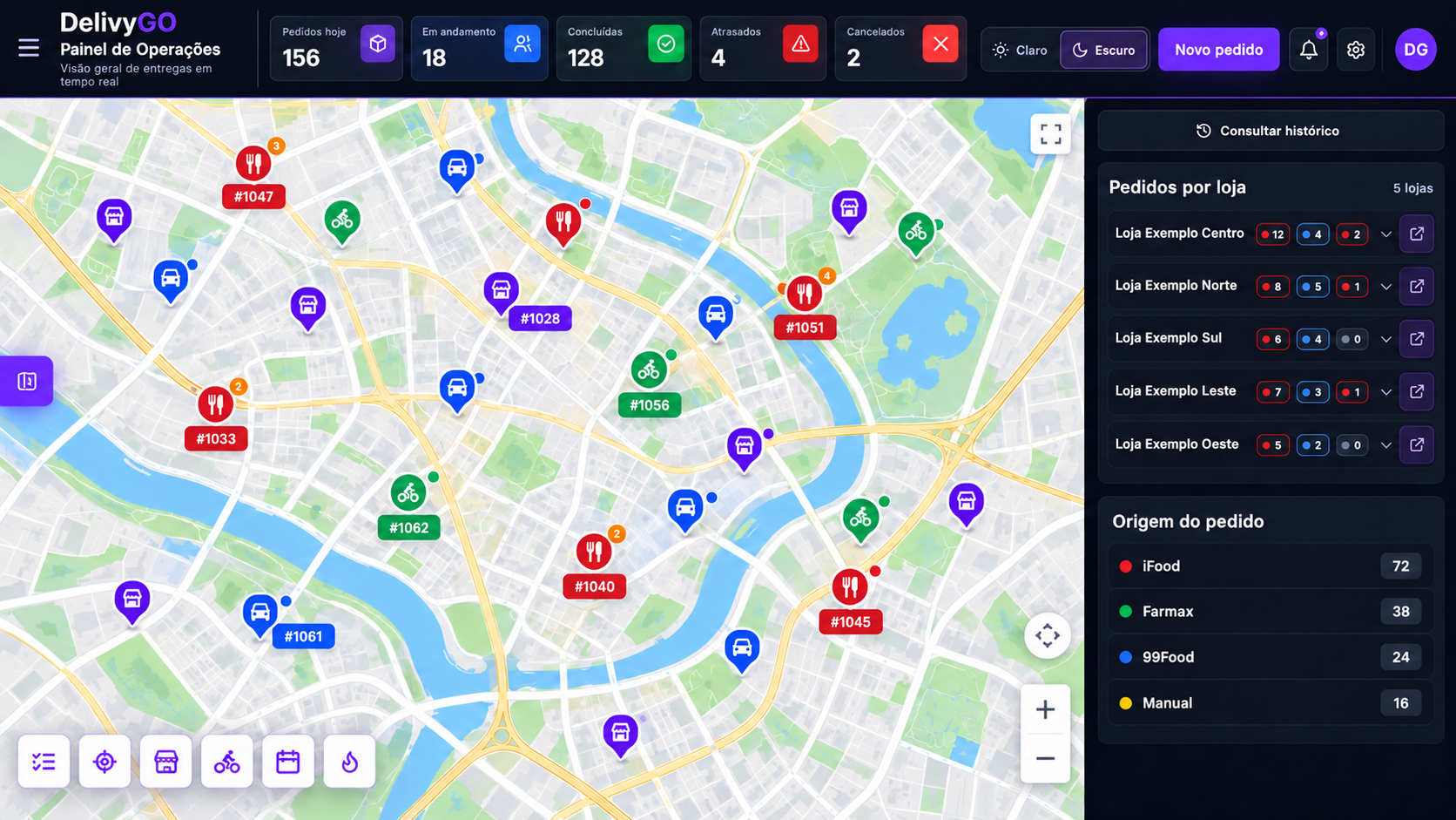 Simulação do dashboard DelivyGO: indicadores de pedidos, mapa operacional com marcações e lista de cinco lojas fictícias