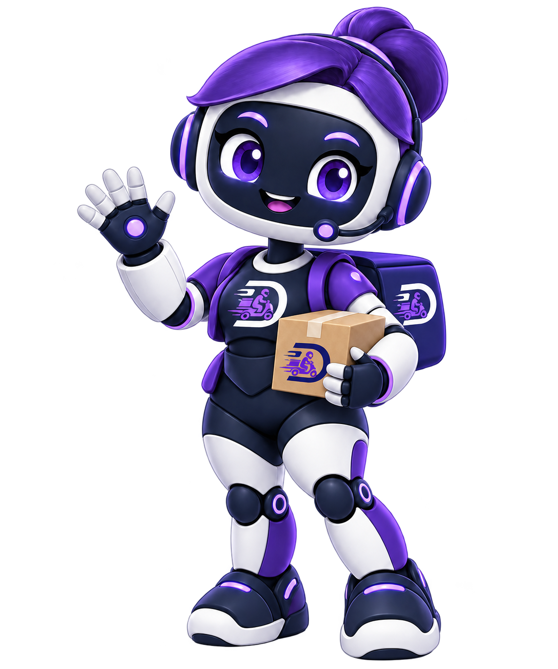 Delly, assistente virtual do DelivyGO, acenando e segurando uma encomenda